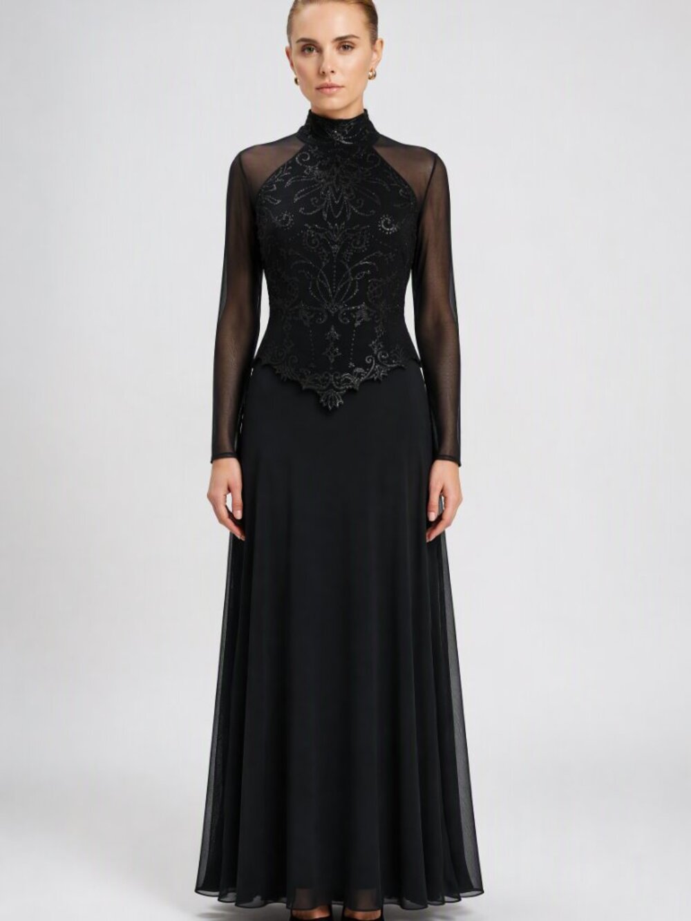Vintage Y2K Tadashi Formal Outfit Sheer glittering Top Long Mesh Skirt Set 12